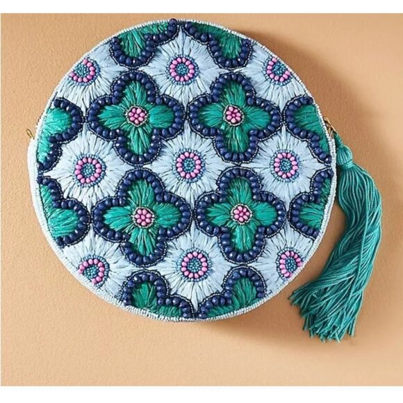 Anthropologie Under the Sea Embroidered Beaded Round Clutch Bag with Tassel NWT - Picture 4 of 5